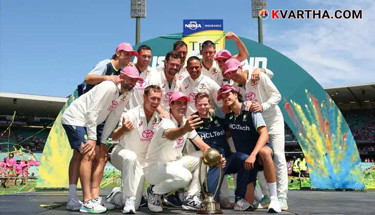 Australia wins Border-Gavaskar Trophy after 10 years, players celebrating.