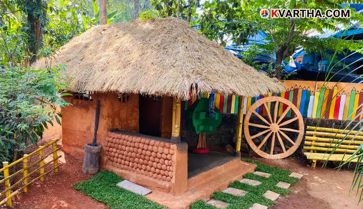 Interior of the traditional mud house used as a reading space and art gallery.