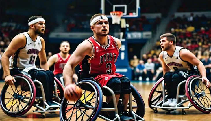 A group of wheelchair basketball players competing on a court