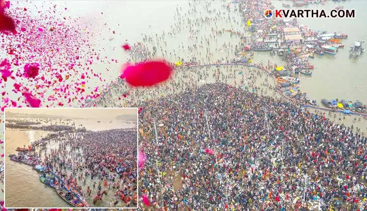 Devotees taking holy dip at Triveni Sangam during Kumbh Mela on Makar Sankranti.