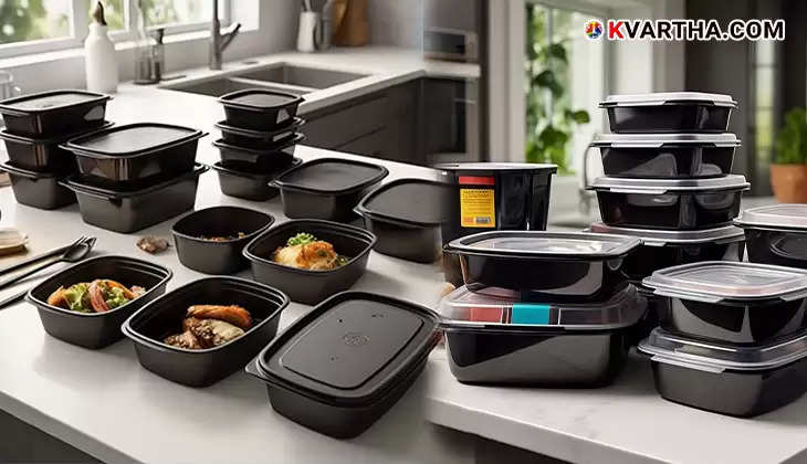 Black plastic containers used in food delivery