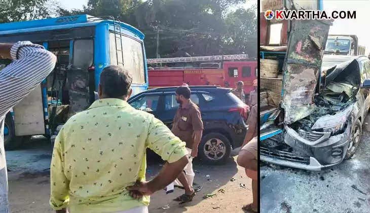 Car Carrying Wedding Party Catches Fire After Collision with Bus in Karivellur