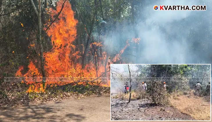 Firefighters battling a large fire at Kannur Government Medical College campus in Kannur, Kerala.